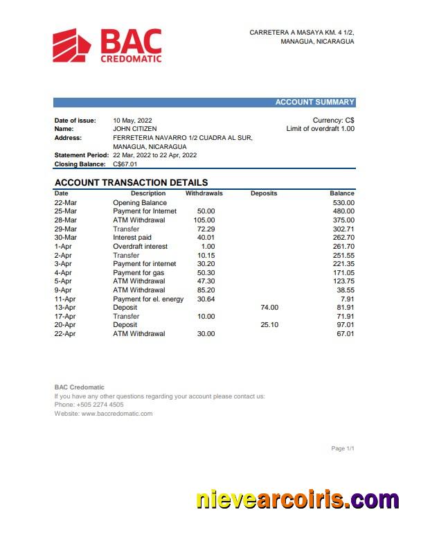 Nicaragua BAC Credomatic bank statement Excel and PDF